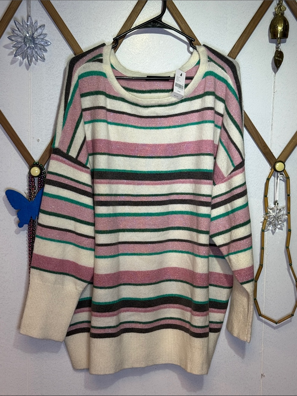 Lane Bryant Striped Crewneck Sweater in Pink, Green & Cream